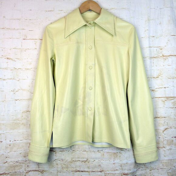 Nanushka Vegan Leather Shirt Womens S Pale Pastel Yellow Whipstitch Detail FLAWS - Picture 1 of 16